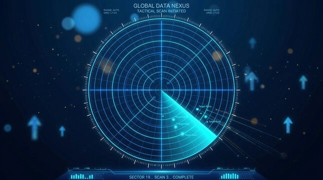 Digital radar scan interface showing global data nexus with glowing blue concentric circles and sector indicators