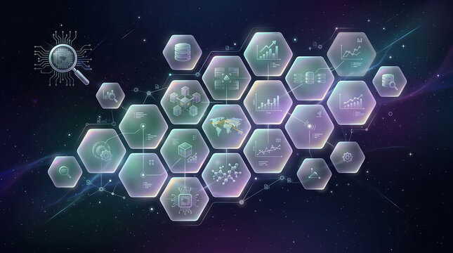 Futuristic dark illustration of a hexagonal grid layout filled with glowing tech and science icons including graphs, molecules, and charts on a purple-blue cosmic background.