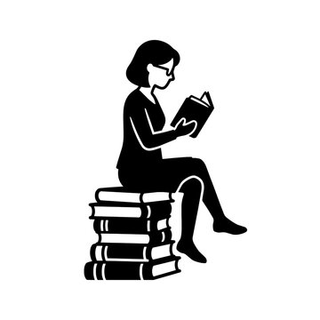 Woman reading book while sitting on stack of books silhouette