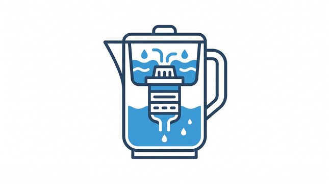Water filter pitcher icon for healthy drinking. Vector illustration of purified water container for kitchen use. Flat design symbol for hydration appliance.
