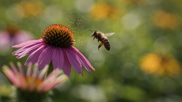 A honey bee flying towards a vibrant purple coneflower in a sunny garden.