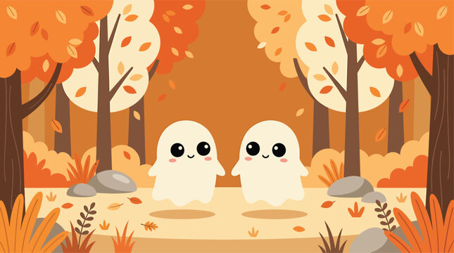 A cute cartoon halloween background featuring two friendly little ghosts standing together in a beautiful autumn forest with orange falling fall leaves