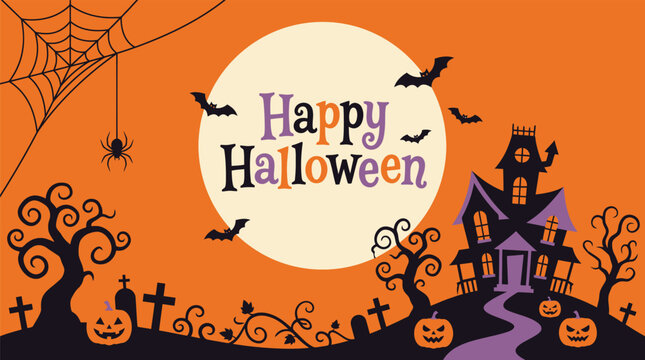 A festive halloween background featuring a spooky haunted house silhouette with a large full moon and bats on a bright orange backdrop