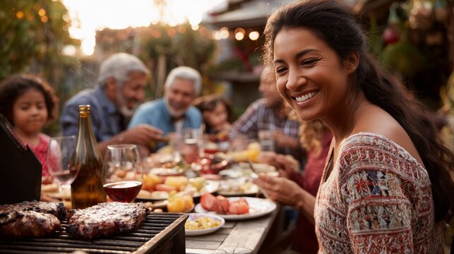 Woman smiling while family enjoys a multigenerational barbecue dinner outdoors