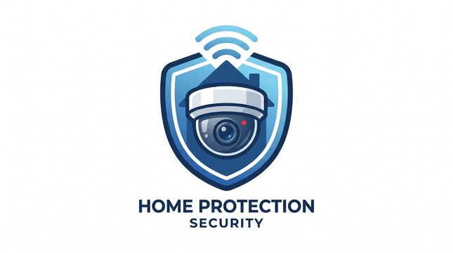 Home protection security logo, CCTV camera shield, modern wifi surveillance badge, safety surveillance icon design, blue and white secure house emblem, smart home monitoring logo