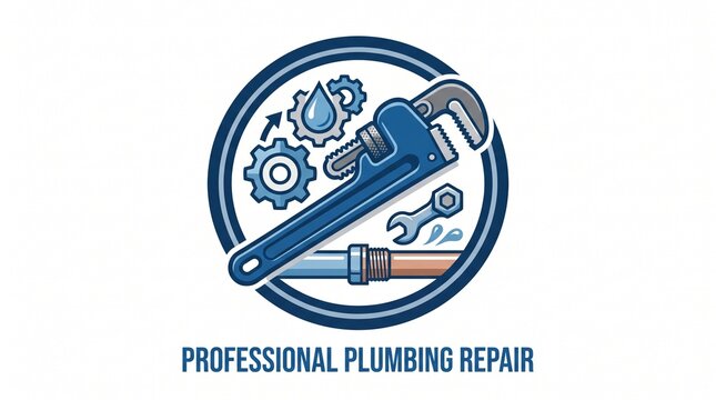 Professional plumbing repair logo design with wrench and tools, Blue circular emblem for maintenance services, Modern flat illustration symbol for contractor business