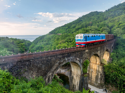 Passenger train on Hai Van Pass near Da Nang, Vietnam