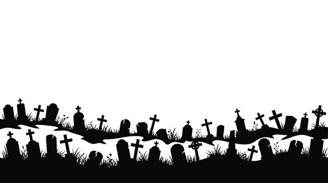 A spooky black and white halloween background featuring a silhouette of a graveyard with many tombstones and crosses against a white sky