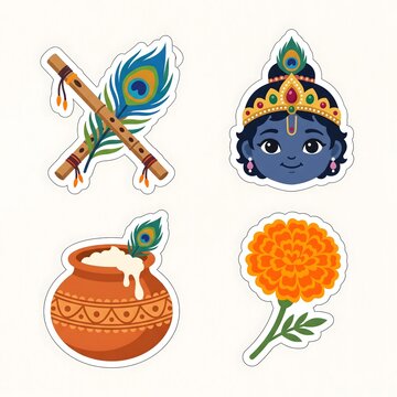Sticker set with little krishna face flute peacock feather and butter pot for janmashtami design.