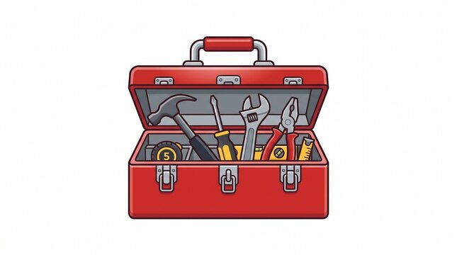 Red toolbox open with hammer, screwdriver, wrench and pliers; construction set vector illustration on white background for diy, repair and handymen services design.