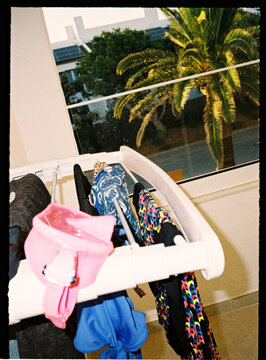 Balcony drying rack with swimsuits and tropical palm tree