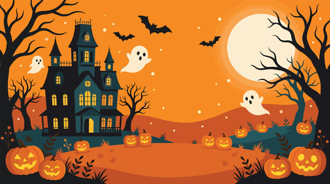 A festive halloween background featuring a spooky haunted mansion with ghosts flying around pumpkins under a large full moon in orange sky