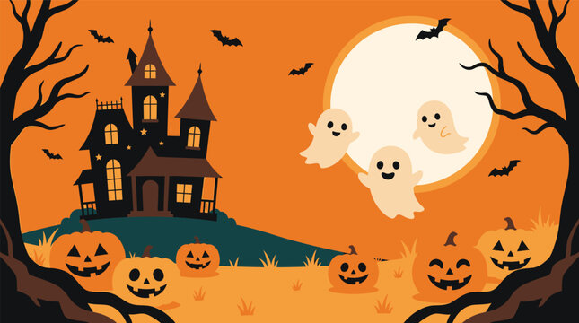 A festive halloween background featuring a spooky haunted house with flying ghosts and glowing jack o lanterns under a bright full moon