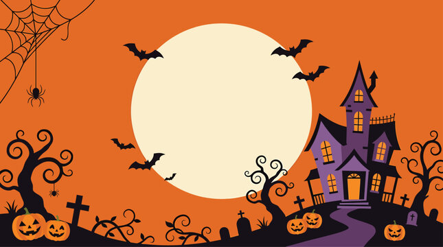A festive halloween background featuring a spooky haunted house silhouette with a giant full moon bats and carved pumpkins on orange sky