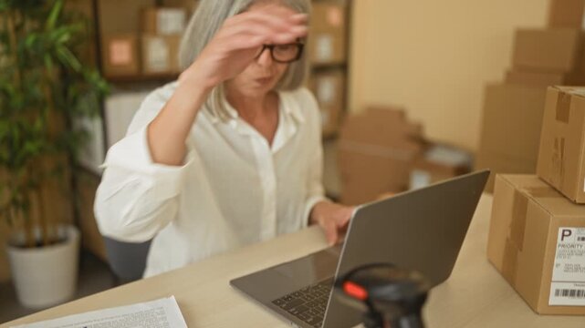 Woman typing on laptop amid stacks of cardboard parcels and shipping labels in a small packing area building; focused productivity.