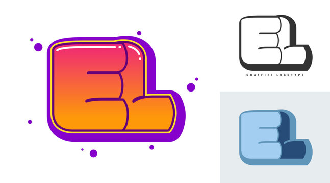 EL logo design for festival or party. Initial letter e and l in graffiti style. Creative modern lettering company name of font typography. Kids trendy logotype or identity.