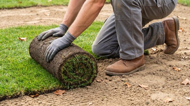 Landscaping worker installing a roll of fresh sod grass for a new garden lawn renovation