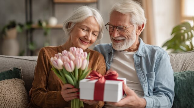 Senior couple exchanging a gift and flowers, celebrating love and anniversary at home