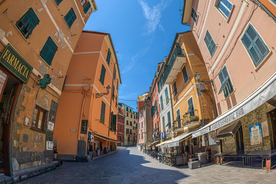 Vernazza, Italy - May 25, 2026: Typical italian street (Via Roma) in Liguria, Cinque Terra area.
