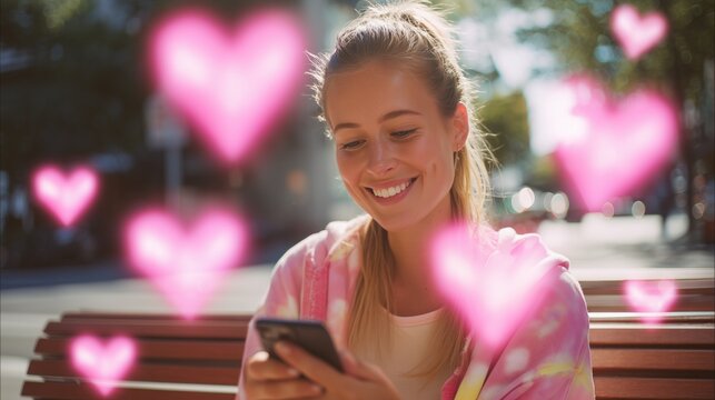 Young woman smiling while receiving love hearts on dating app, using a smartphone with glowing pink hearts flying around to meet a man , a new new love