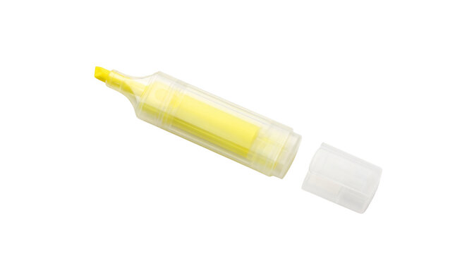 Yellow neon highlighter pen with open cap, vibrant felt tip marker for office and school supplies, translucent plastic drawing tool isolated PNG with Transparent Background