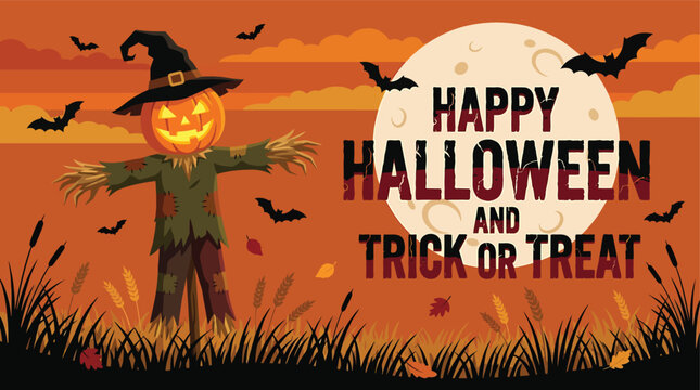 A festive halloween background featuring a scary pumpkin scarecrow standing in a field under a full moon with bats and spooky text