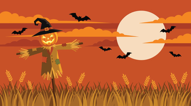 Spooky halloween background featuring a scary pumpkin headed scarecrow standing in a dark field with a full moon and flying black bats