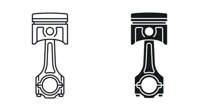Engine Piston and Connecting Rod Icon Set - Outline and Silhouette Vector Illustration for Automotive Design