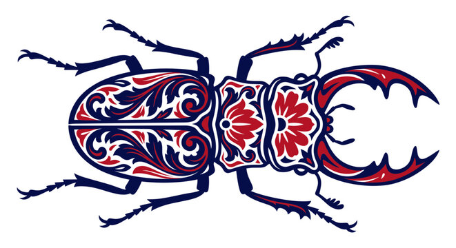 ornate stag beetle insect floral scrollwork filigree red navy blue horns tattoo design dtg tshirt print sublimation decals vinyl sticker embroidery craft poster apparel graphic
