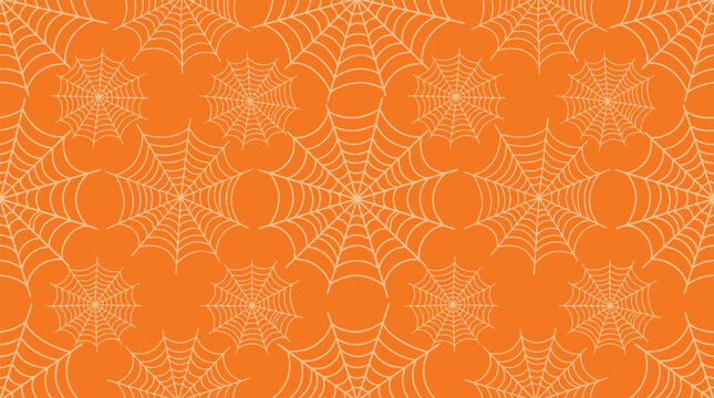 A vibrant orange halloween background featuring a repeating pattern of intricate spider web designs perfect for festive holiday party invitations and digital decorations