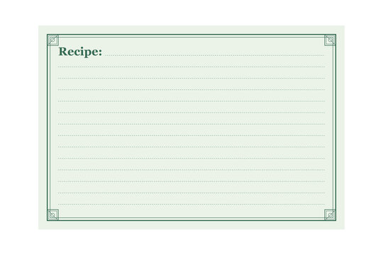 Blank pale green recipe card template with dark green decorative borders and horizontal dashed lines transparent background