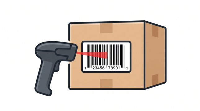 Barcode scanner reading cardboard package label. Logistics illustration for shipping, inventory control, stock management, and delivery tracking processes. Flat vector illustration with red