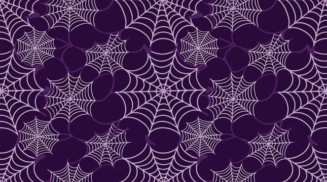 Seamless pattern featuring white spider webs on a dark purple background for a spooky halloween background design for your holiday party invitations