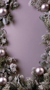 Frosted christmas wreath border on lavender background