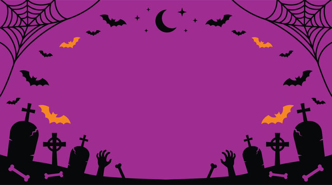 A vibrant purple halloween background featuring a spooky graveyard silhouette with flying bats and spider webs perfect for festive holiday party invitations