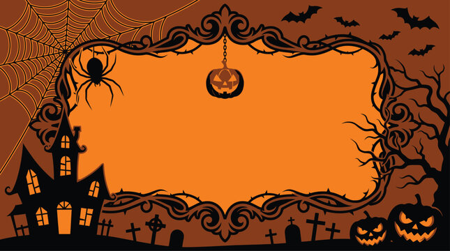 A festive halloween background featuring a spooky haunted house silhouette and carved pumpkins with a decorative ornate frame for your holiday party text