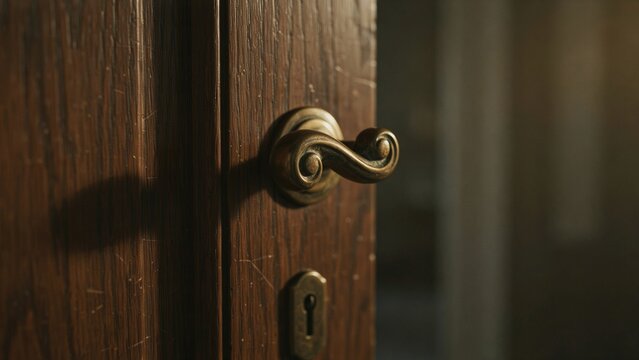 Close up of an ornate vintage brass door handle on a dark wooden door.
