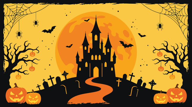 An atmospheric halloween background featuring a spooky haunted castle silhouette under a large glowing full moon with bats and pumpkins at night