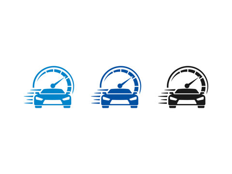 Modern automotive speed logo icons featuring fast car silhouettes and speedometer gauges.