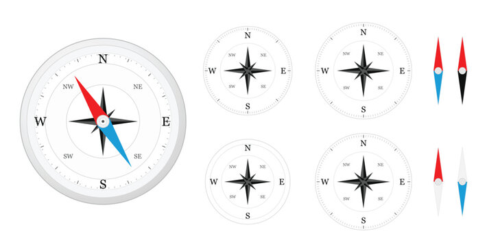 Set of detailed compass and navigation icons featuring directional needles, cardinal points, and multiple compass designs in a clean vector style.
