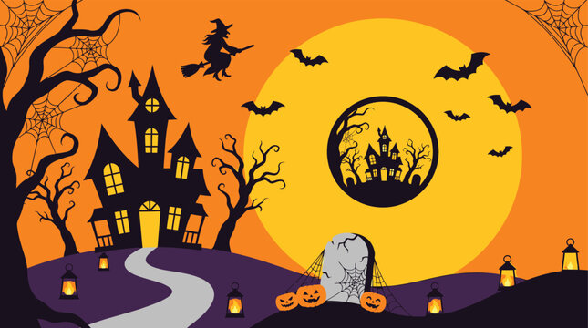 A spooky halloween background featuring a haunted house silhouette under a large full moon with flying bats and a witch on broomstick