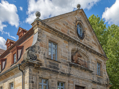 The historic Altes Schlachthaus (Old Slaughterhouse) in Bamberg, Germany, on the banks of the Regnitz River. It operated as a slaughterhouse and meat hall between 1742 and 1903.