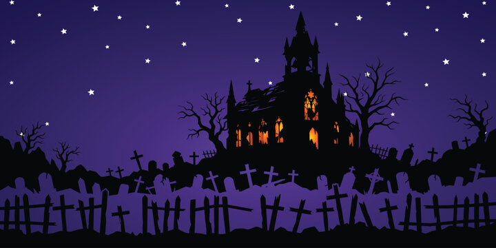 Haunted church and graveyard silhouette at night freepik frame with graveyard
