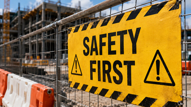 Yellow "Safety First" sign with warning symbols is attached to a metal fence at a construction site with building scaffolding in the background.