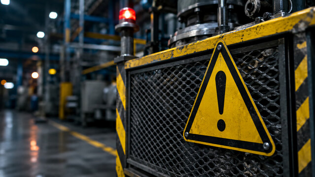 Industrial area with a yellow warning sign featuring an exclamation mark, emphasizing safety in a factory or warehouse environment.