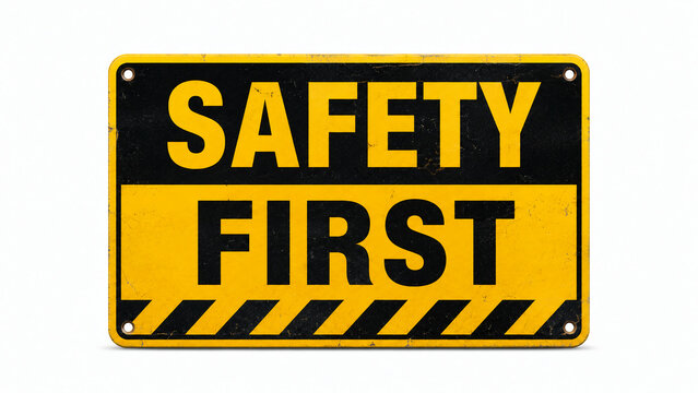 A black and yellow sign with bold text stating "SAFETY FIRST" emphasizes the importance of prioritizing safety in the workplace or environment.