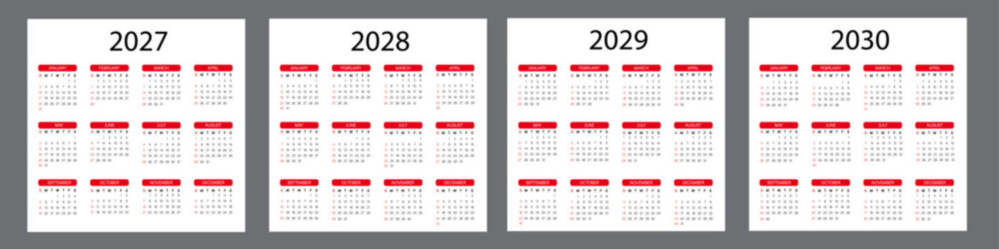 English calendar 2027, 2028, 2029, 2030 set | Simple yearly planner vector illustration for print | Red shape and black colour calendar collection