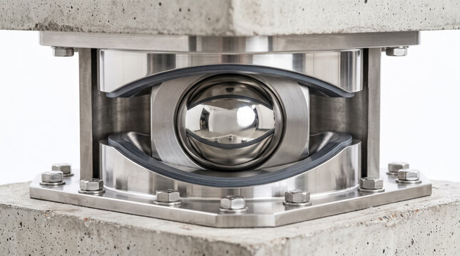Seismic Isolator: A close-up view of a high-tech seismic isolation bearing, featuring a polished metal sphere cradled within a rubber support system, mounted between concrete structures.