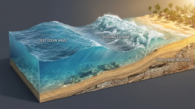 Tsunami Formation: A cross-section illustrating the powerful forces behind a tsunami, showing a deep ocean wave building momentum and crashing onto a tropical coastline.