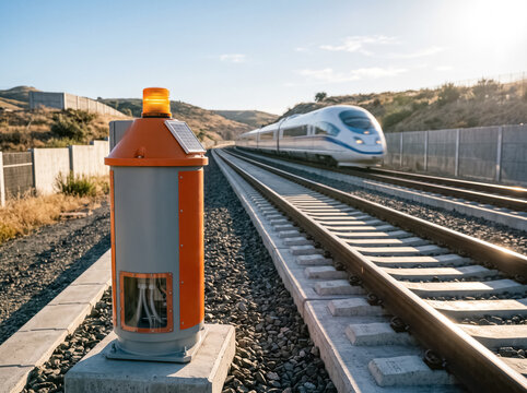 High-Speed Train on Tracks: A modern high-speed train speeds along a railway line in a scenic landscape, captured with a prominent safety signal device in the foreground, under a clear blue sky.